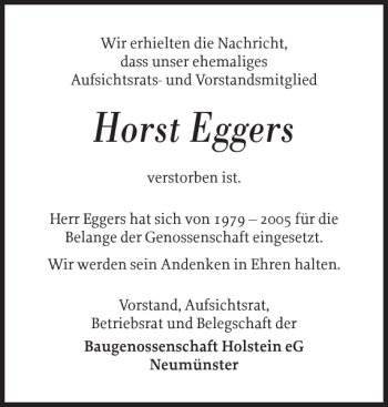 Traueranzeige von Horst Eggers von Holsteinischer Courier