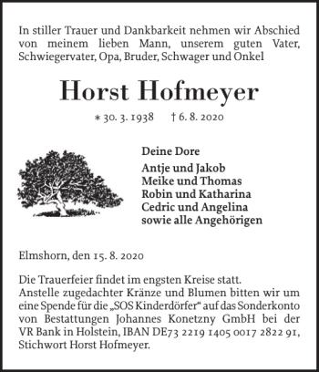 Traueranzeige von Horst Hofmeyer von Elmshorner Nachrichten