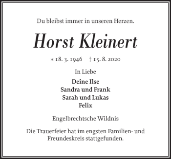 Traueranzeige von Horst Kleinert von Norddeutsche Rundschau