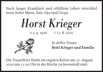 Traueranzeige von Horst Krieger von Landeszeitung