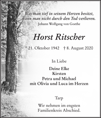 Traueranzeige von Horst Ritscher von Flensburger Tageblatt