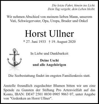 Traueranzeige von Horst Ullner von Flensburger Tageblatt