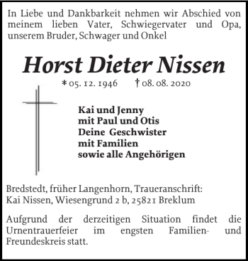 Traueranzeige von Horst Dieter Nissen von Husumer Nachrichten
