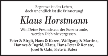 Traueranzeige von Klaus Horstmann von Schleswiger Nachrichten