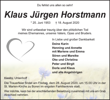 Traueranzeige von Klaus Jürgen Horstmann von Flensburger Tageblatt