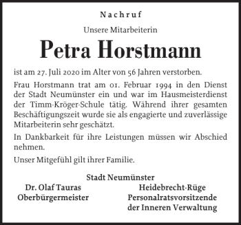 Traueranzeige von Petra Horstmann von Holsteinischer Courier