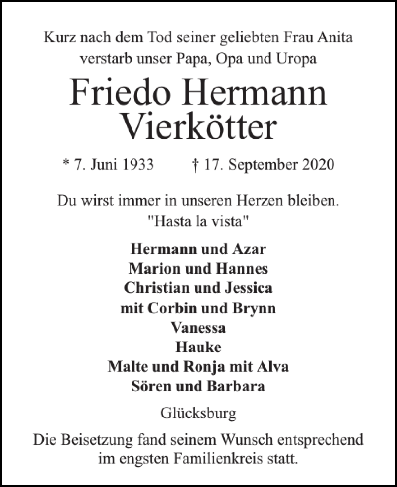  Traueranzeige für Friedo Hermann Vierkötter vom 26.09.2020 aus Flensburger Tageblatt