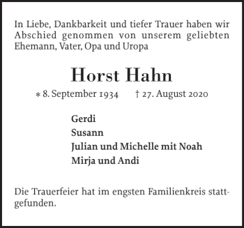 Traueranzeige von Horst Hahn von Wedel-Schulauer Tageblatt
