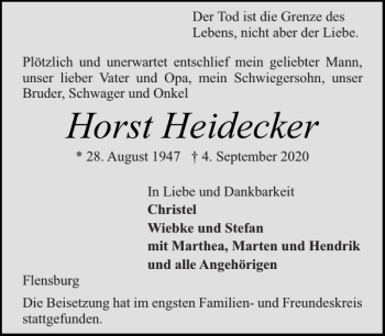 Traueranzeige von Horst Heidecker von Flensburger Tageblatt
