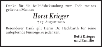 Traueranzeige von Horst Krieger von Landeszeitung