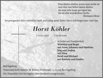 Traueranzeige von Horst Köhler von Eckernförder Zeitung