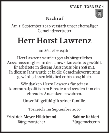 Traueranzeige von Horst Lawrenz von Uetersener Nachrichten