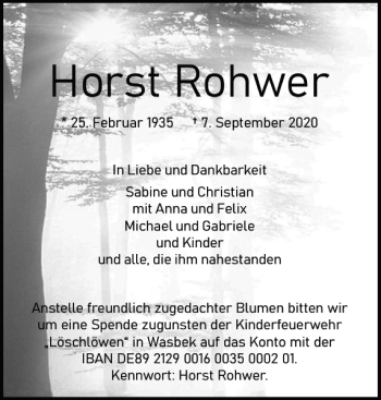 Traueranzeige von Horst Rohwer von Holsteinischer Courier