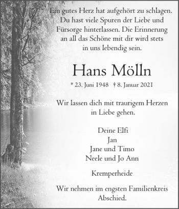 Traueranzeige von Hans Mölln von Norddeutsche Rundschau