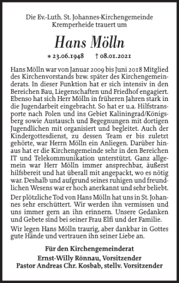 Traueranzeige von Hans Mölln von Norddeutsche Rundschau