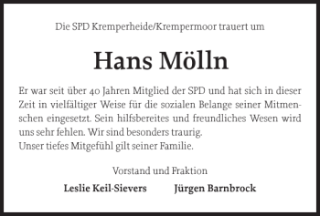 Traueranzeige von Hans Mölln von Norddeutsche Rundschau
