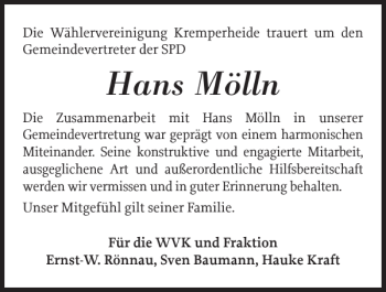 Traueranzeige von Hans Mölln von Norddeutsche Rundschau