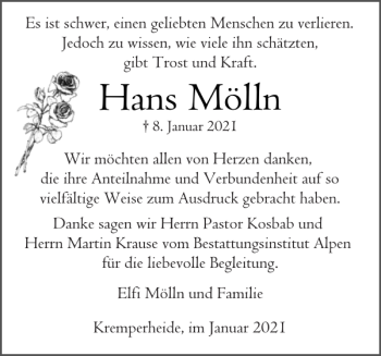 Traueranzeige von Hans Mölln von Norddeutsche Rundschau