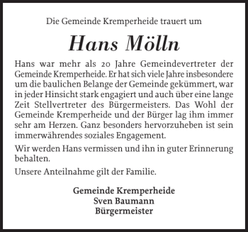 Traueranzeige von Hans Mölln von Norddeutsche Rundschau