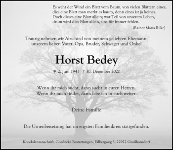 Traueranzeige von Horst Bedey von Stormarner Tageblatt