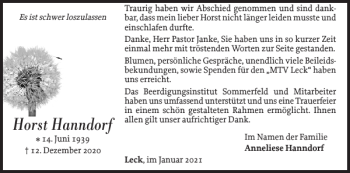 Traueranzeige von Horst Hanndorf von Nordfriesland Tageblatt