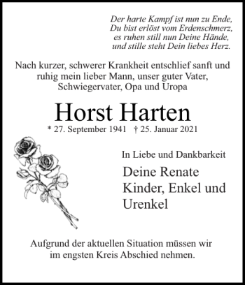 Traueranzeige von Horst Harten von Uetersener Nachrichten