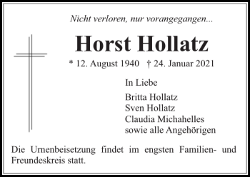 Traueranzeige von Horst Hollatz von Stormarner Tageblatt