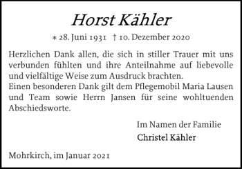Traueranzeige von Horst Kähler von Flensburger Tageblatt