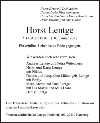 Traueranzeige von Horst Lentge von Pinneberger Tageblatt