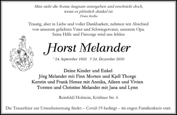 Traueranzeige von Horst Melander von Stormarner Tageblatt