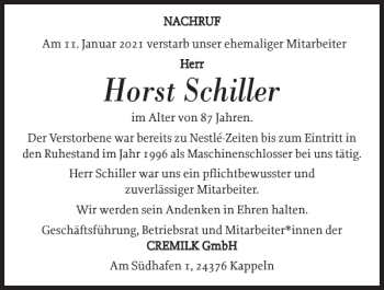 Traueranzeige von Horst Schiller von Schlei-Bote
