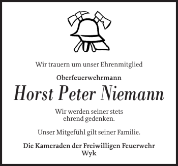 Traueranzeige von Horst Peter Niemann von Der Insel-Bote