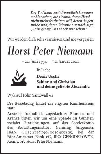 Traueranzeige von Horst Peter Niemann von Der Insel-Bote