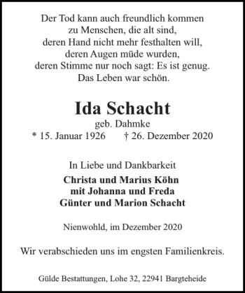 Traueranzeige von Ida Schacht von Stormarner Tageblatt