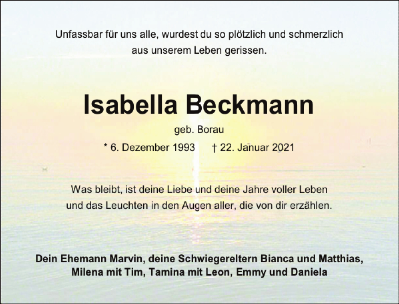  Traueranzeige für Isabella Beckmann vom 30.01.2021 aus Holsteinischer Courier