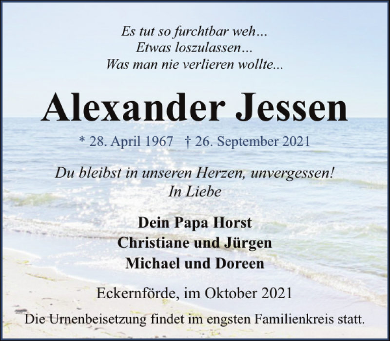  Traueranzeige für Alexander Jessen vom 09.10.2021 aus Eckernförder Zeitung