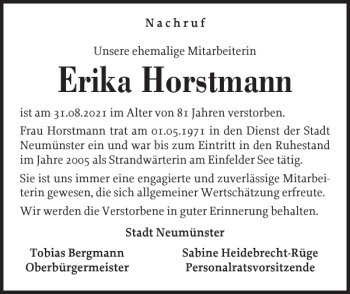 Traueranzeige von Erika Horstmann von Holsteinischer Courier
