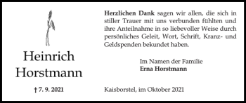 Traueranzeige von Heinrich Horstmann von Norddeutsche Rundschau