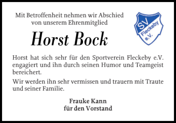 Traueranzeige von Horst Bock von Eckernförder Zeitung