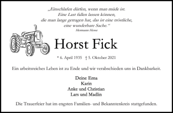 Traueranzeige von Horst Fick von Stormarner Tageblatt