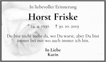Traueranzeige von Horst Friske von Wedel-Schulauer Tageblatt