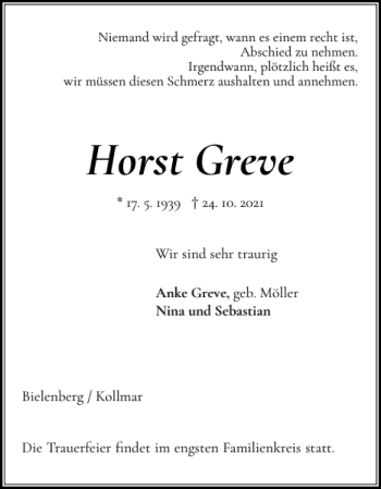 Traueranzeige von Horst Greve von Norddeutsche Rundschau