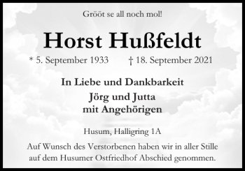 Traueranzeige von Horst Hußfeldt von Husumer Nachrichten
