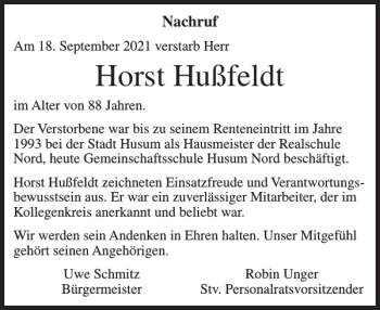 Traueranzeige von Horst Hußfeldt von Husumer Nachrichten