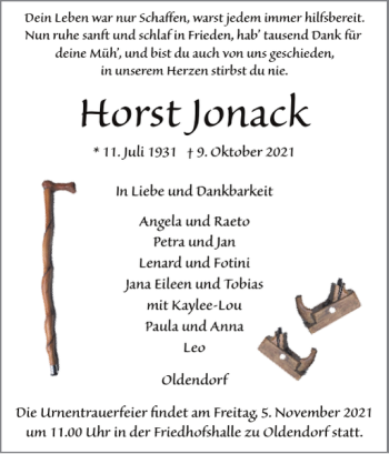 Traueranzeige von Horst Jonack von Norddeutsche Rundschau