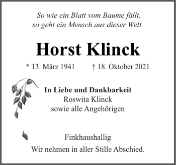 Traueranzeige von Horst Klinck von Husumer Nachrichten