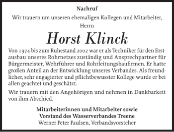 Traueranzeige von Horst Klinck von Husumer Nachrichten