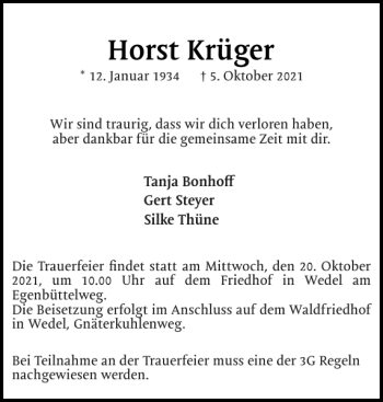 Traueranzeige von Horst Krüger von Wedel-Schulauer Tageblatt
