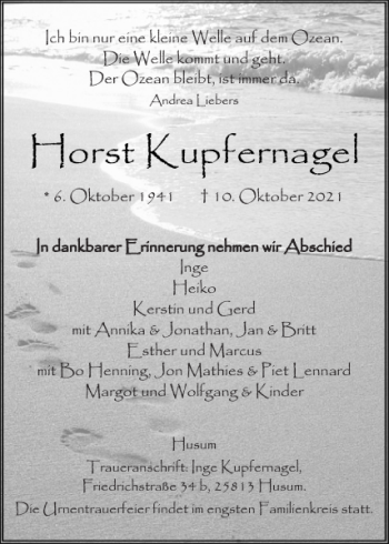 Traueranzeige von Horst Kupfernagel von Husumer Nachrichten