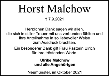 Traueranzeige von Horst Malchow von Holsteinischer Courier